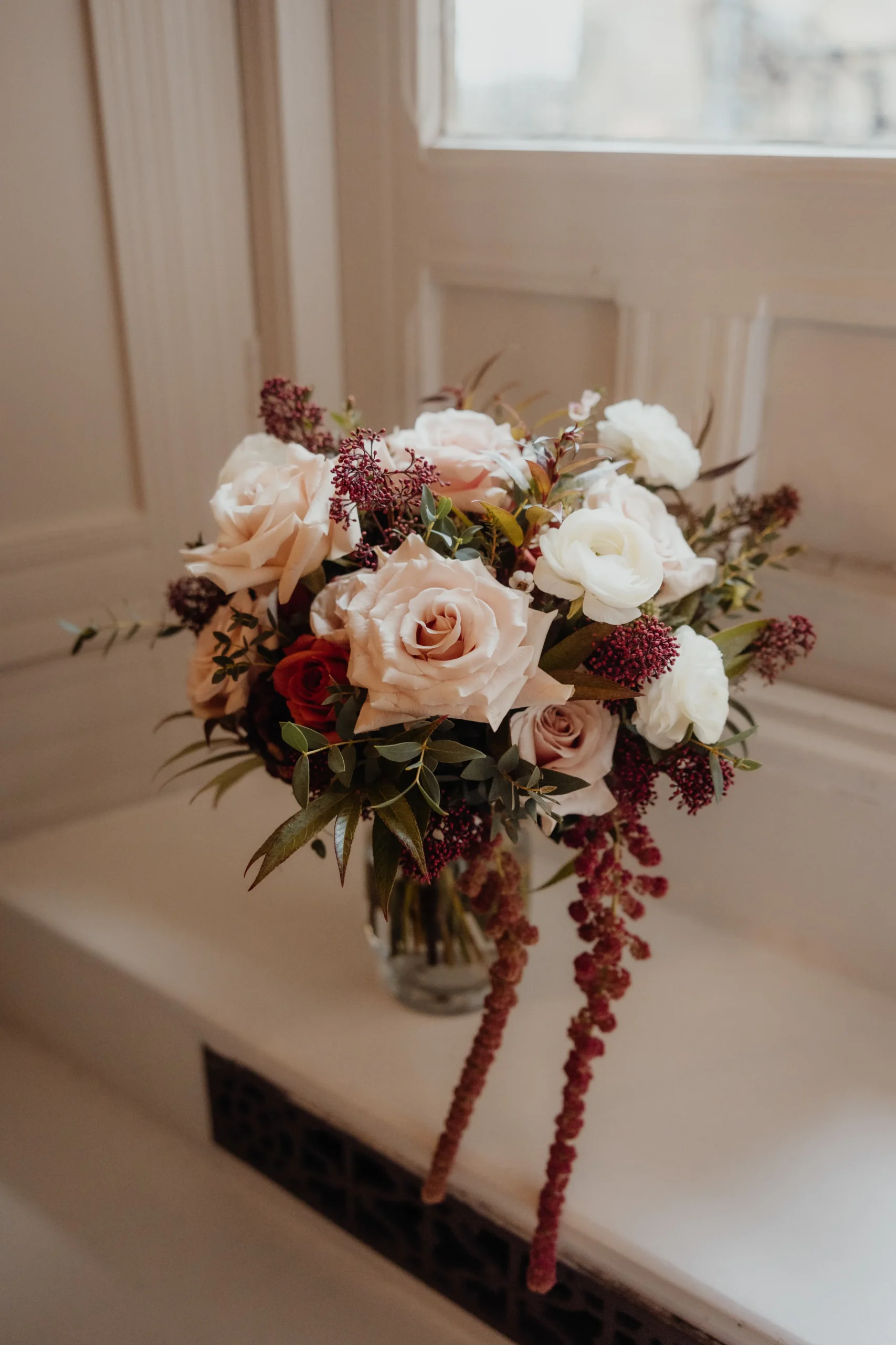 Close detail of India’s winter bridal bouquet at Cowdray House