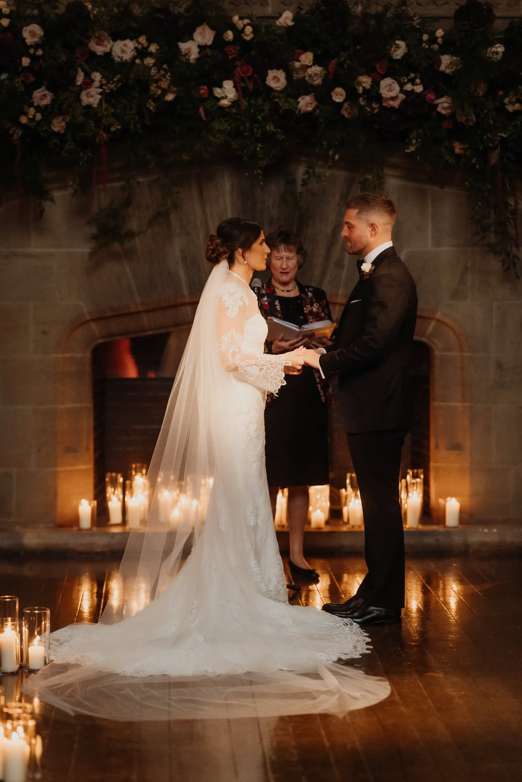 India and Will with romantic winter wedding flowers