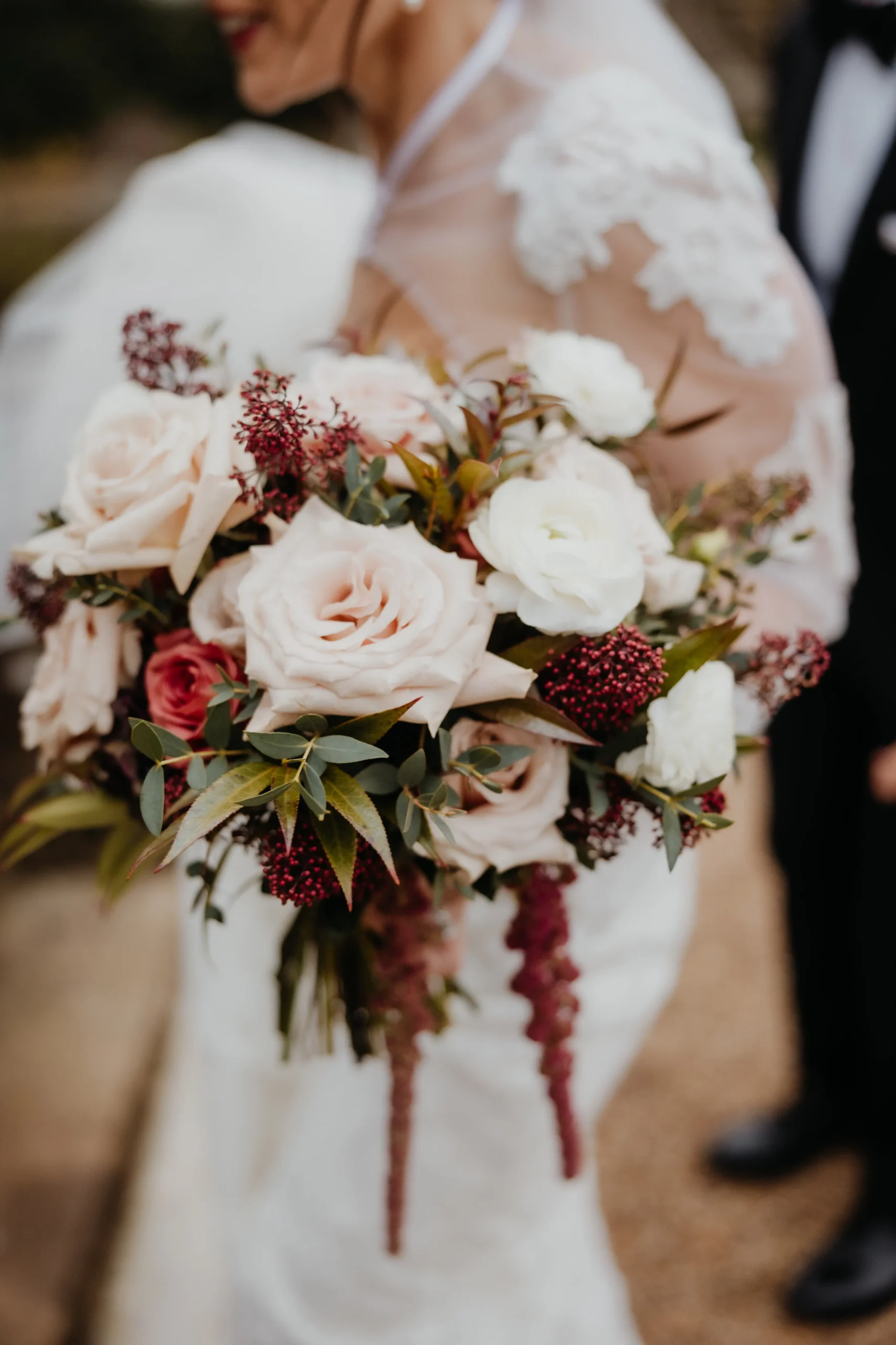 Burgundy hydrangea bridal bouquet at Cowdray House