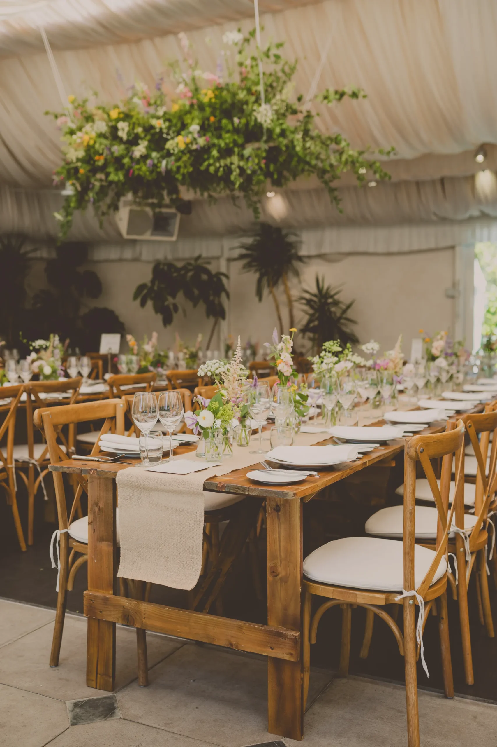 Wedding reception flowers and foliage at Ridge Farm
